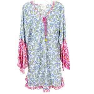 Z&L Europe Blue Pink Printed Bell Sleeve Dress Sz L